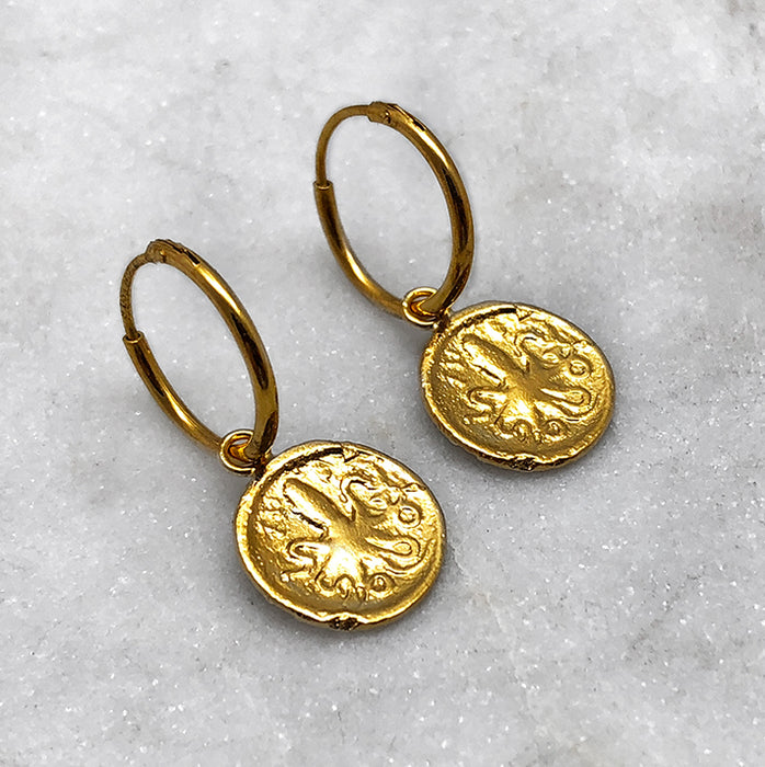 greek coin hoop drop earrings jewel thief Brighton