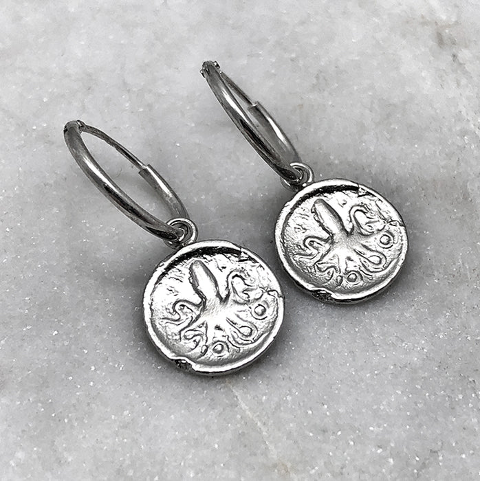 Ancient Octopus Coin Silver Hoop Earrings Jewel Thief Brighton