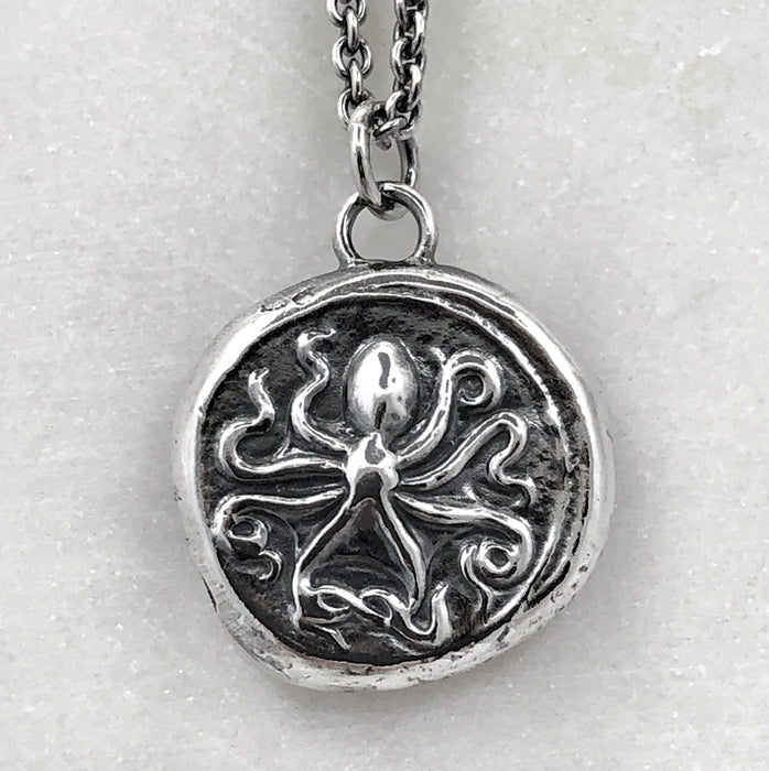 Octopus & Hare Oxidised Silver Coin Necklace