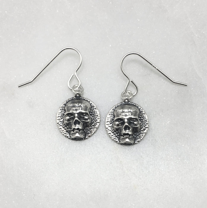 Memento Mori Silver Skull Disc Earrings