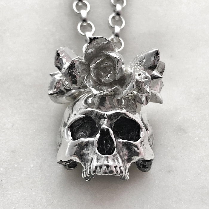 Skull With Succulents Necklace, Silver Necklace, Macabre Jewelry, Mourning Jewelry, Memento Mori
