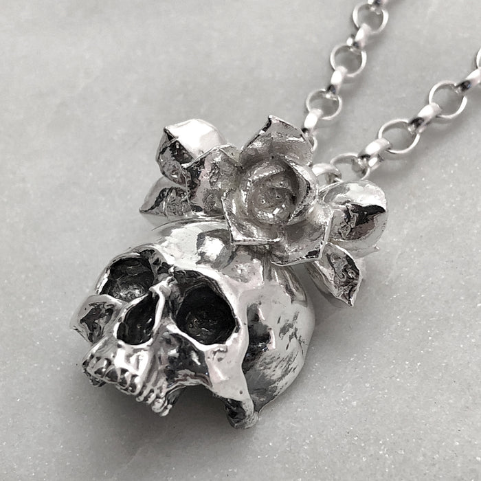 Skull With Succulents Necklace, Silver Necklace, Macabre Jewelry, Mourning Jewelry, Memento Mori