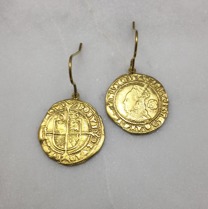 Tudor Coin Earrings, Gold Earrings, Elizabeth The 1st, Elizabethan Coin, Old English, Coin Jewelry