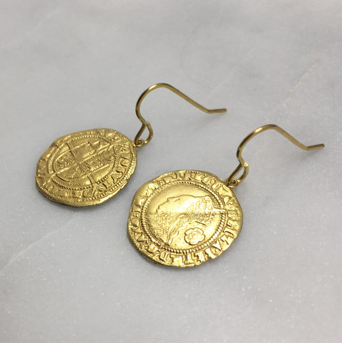 Tudor Coin Earrings, Gold Earrings, Elizabeth The 1st, Elizabethan Coin, Old English, Coin Jewelry