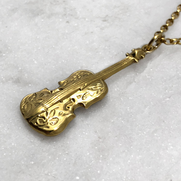 Gold Engraved Violin Necklace