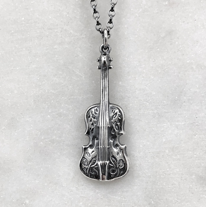 Oxidised Silver Engraved Violin Necklace