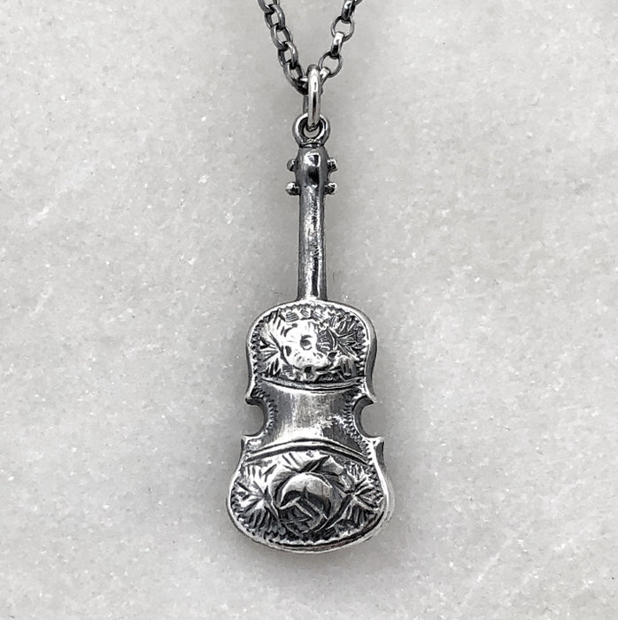 Oxidised Silver Engraved Violin Necklace