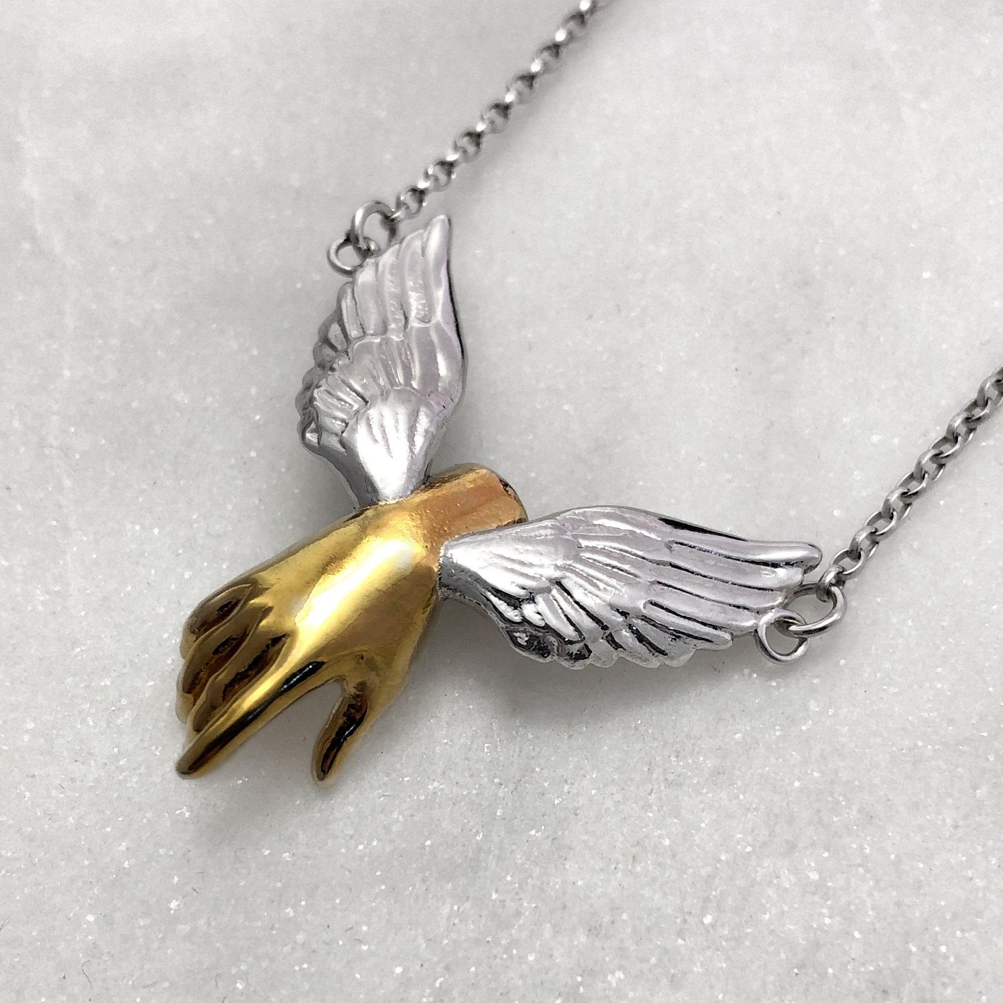 Guardian Angel Winged Gold Hand Necklace Jewel Thief Brighton