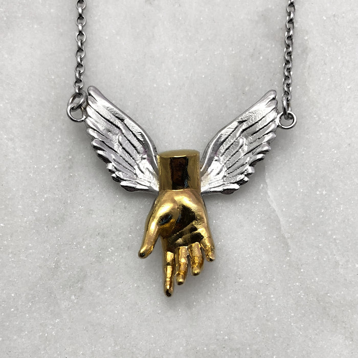 Guardian Angel Winged Gold Hand Necklace