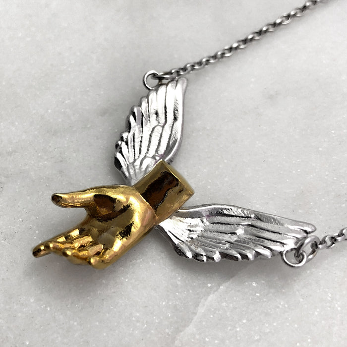 Guardian Angel Winged Gold Hand Necklace