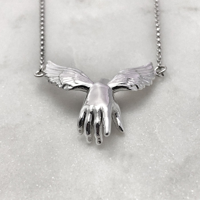 Guardian Angel Winged Hand Silver Necklace