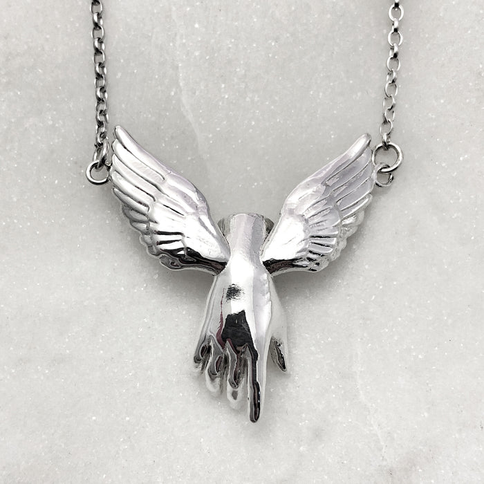 Guardian Angel Winged Hand Silver Necklace